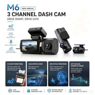 3-Saluran AI 4G Dash Camera 4K Front, ADAS & DMS, Pelacakan GPS, 24/7 Parking Monitor