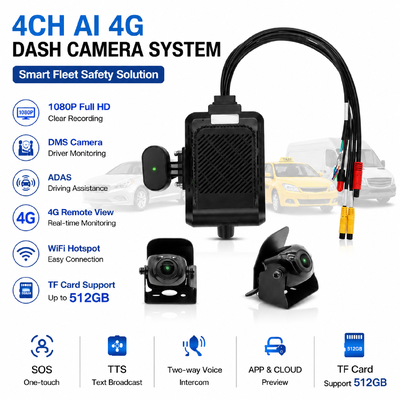4-Channel AI Intelligent 4G Dash Camera, ADAS + DMS + BSD Active Safety,1080P + 720P Rekaman untuk Taksi