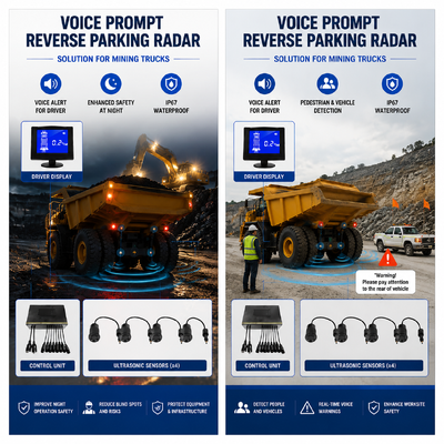 Sistem Radar Parkir Mundur Truk Tambang dengan CAN Bus, Peringatan Suara, dan 8 Sensor Ultrasonik untuk Kendaraan Berat