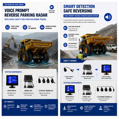 Sistem Radar Parkir Mundur Truk Tambang dengan CAN Bus, Peringatan Suara, dan 8 Sensor Ultrasonik untuk Kendaraan Berat