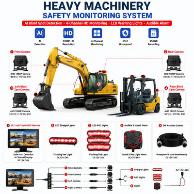 4CH AI BSD Forklift Safety Monitoring System 1080P Kamera/display dan Lampu Alarm LED/cocok untuk Mesin Berat