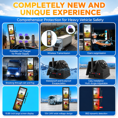 Cermin Spion Elektronik Nirkabel Layar Sentuh 15,88 Inci dengan 4 Kamera Magnetik Tenaga Surya Layar Terpisah BSD untuk Truk Berat