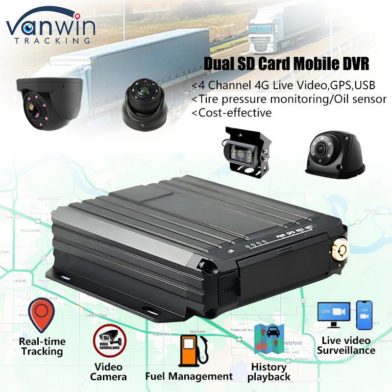 4CH 1080P Dual SD Card Mobile DVR Dukungan Sensor Minyak 4G Real Time Video Monitoring GPS Tracker
