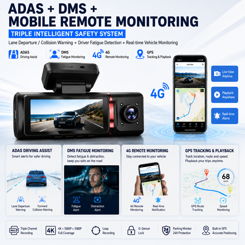 3-Saluran AI 4G Dash Camera 4K Front, ADAS & DMS, Pelacakan GPS, 24/7 Parking Monitor