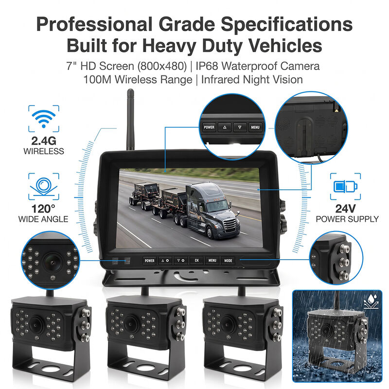 4CH Wireless Digital Backup Camera Kit dengan IPS Monitor IP69K Waterproof HD Night Vision Side/Rear View Driving Camera