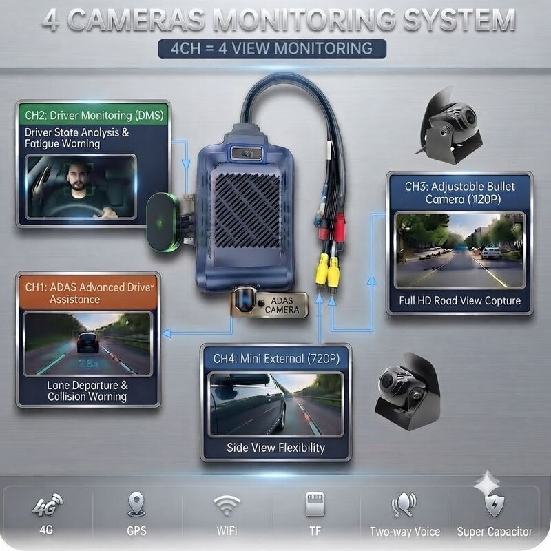 4-Channel AI Intelligent 4G Dash Camera, ADAS + DMS + BSD Active Safety,1080P + 720P Rekaman untuk Taksi