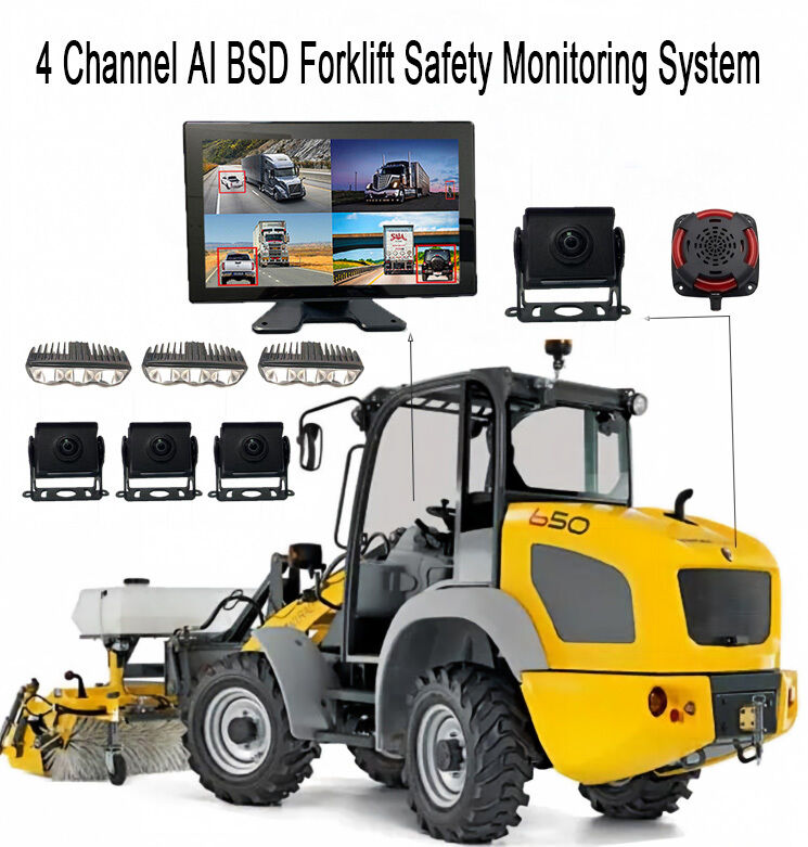 4CH AI BSD Forklift Safety Monitoring System 1080P Kamera/display dan Lampu Alarm LED/cocok untuk Mesin Berat