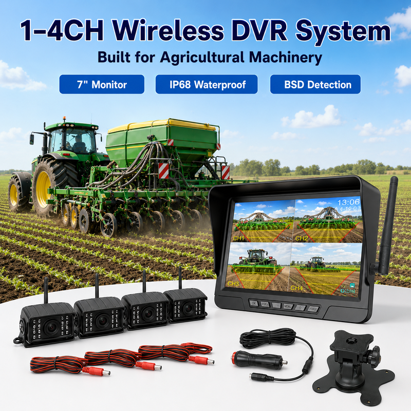 Kit Kamera Traktor Nirkabel 2 Saluran Plug-and-Play – Monitor 7" IP68 dengan Penglihatan Malam BSD dan Desain Tahan Getaran