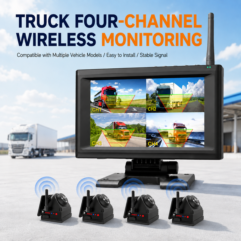 4CH 720P Dashcam Nirkabel untuk Truk, RV & Bus – Alarm BSD IPS 7", Dudukan Magnetik, Dapat Diisi Ulang, Plug-and-Play, Dapat Diperluas 1-4CH