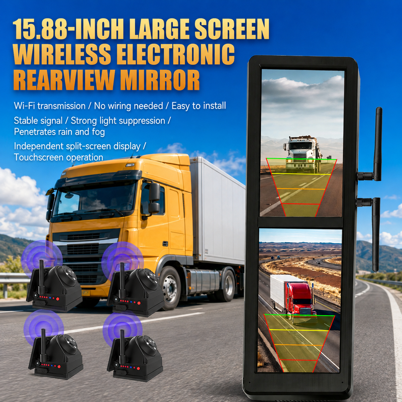 Cermin Spion Elektronik Nirkabel Layar Sentuh 15,88 Inci dengan 4 Kamera Magnetik Tenaga Surya Layar Terpisah BSD untuk Truk Berat